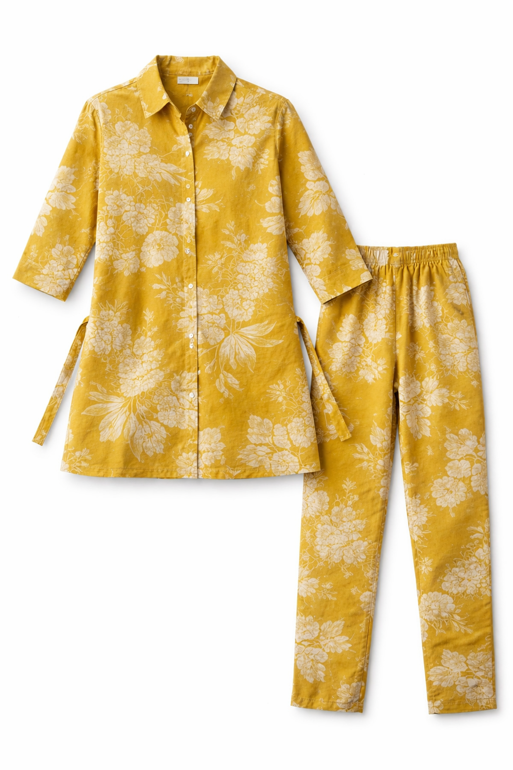 Abhivesha Trends Women’s Rayon Co-Ord Set | Mustard Yellow Floral Printed Kurti Pant Set | Shirt Style Button Down Kurta with Elastic Waist Pants | Casual & Daily Wear | XL