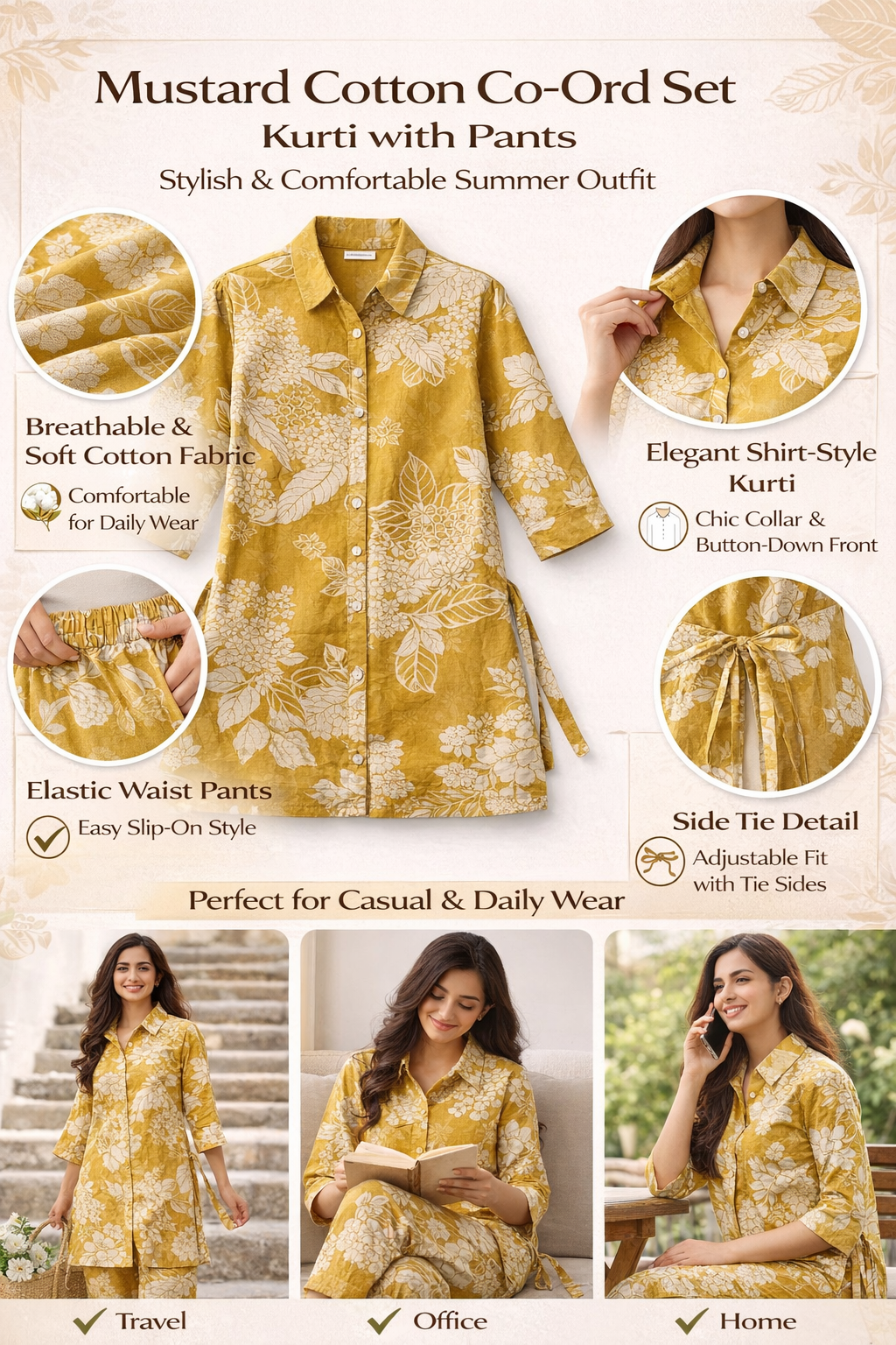 Abhivesha Trends Women’s Rayon Co-Ord Set | Mustard Yellow Floral Printed Kurti Pant Set | Shirt Style Button Down Kurta with Elastic Waist Pants | Casual & Daily Wear | XL