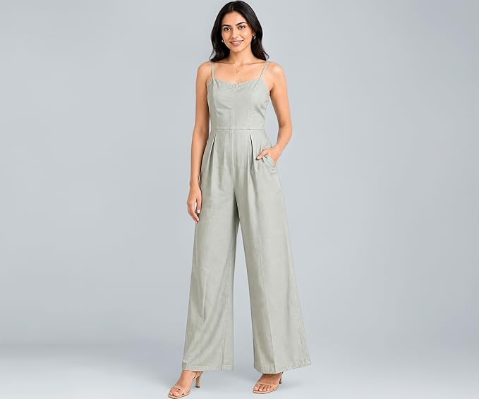 Women’s Cotton Jumpsuit | Sleeveless Wide Leg One Piece for Women | Adjustable Straps | Pleated Waist | Casual Summer Wear | Green | XL
