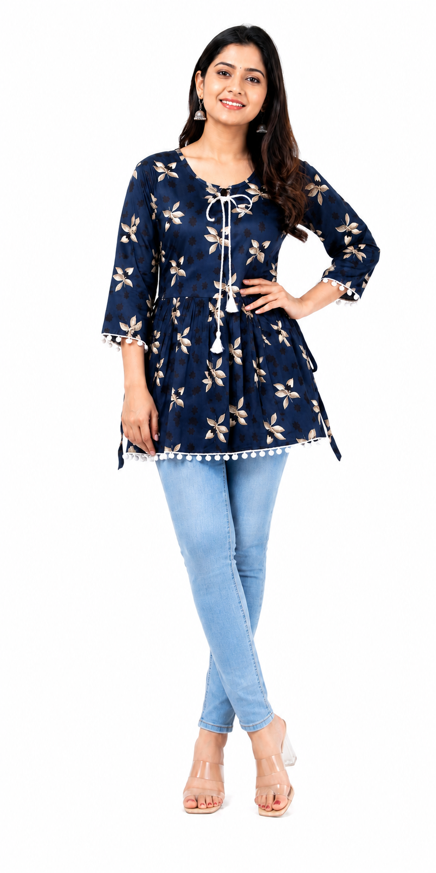 Women's Floral Printed Short Kurti, Rayon, 3/4 Sleeve, Tassel Tie-Up, Regular Fit, Casual Western Top |  L Size