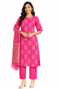 Women's Cotton Kurta Pant Dupatta Set, Straight Kurti with Jacquard Dupatta, Casual Ethnic Wear