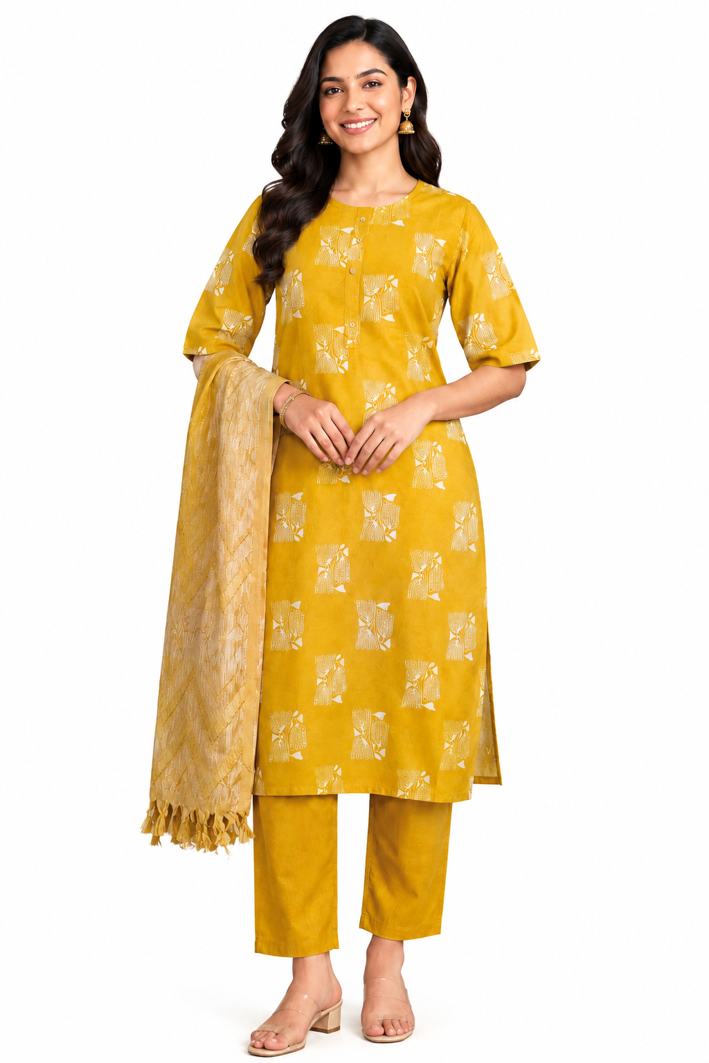 Women's Cotton Kurta Pant Dupatta Set, Straight Kurti with Jacquard Dupatta, Casual Ethnic Wear