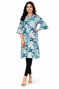 Women’s Floral Printed Straight Kurti |  Mandarin Collar Kurti with Flared Sleeves Ethnic Kurti | Size L