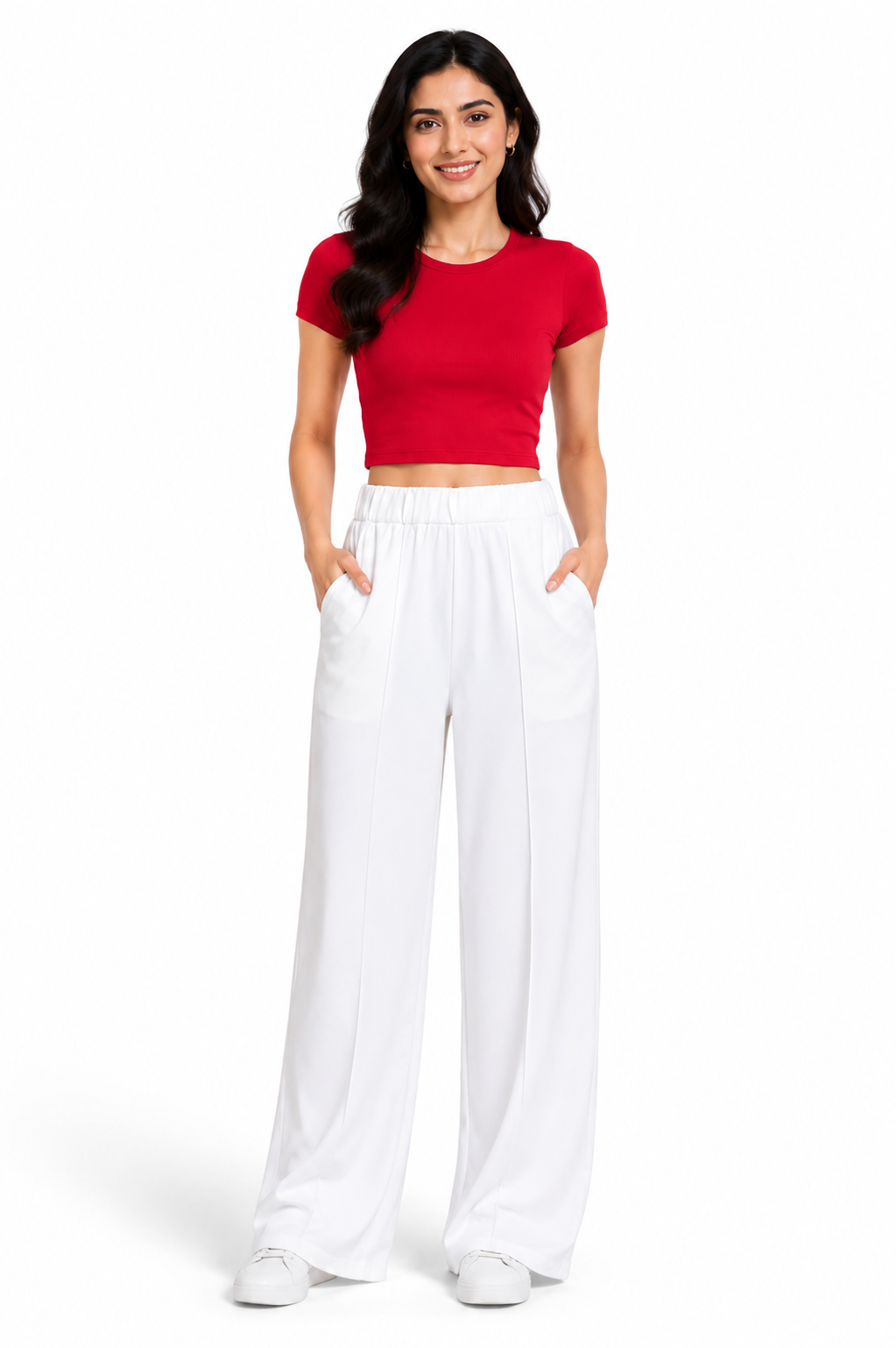 Women's Wide Leg Korean Pants, High Waist Elastic Waistband, Soft Fabric with Pockets, Casual Wear | Free Size