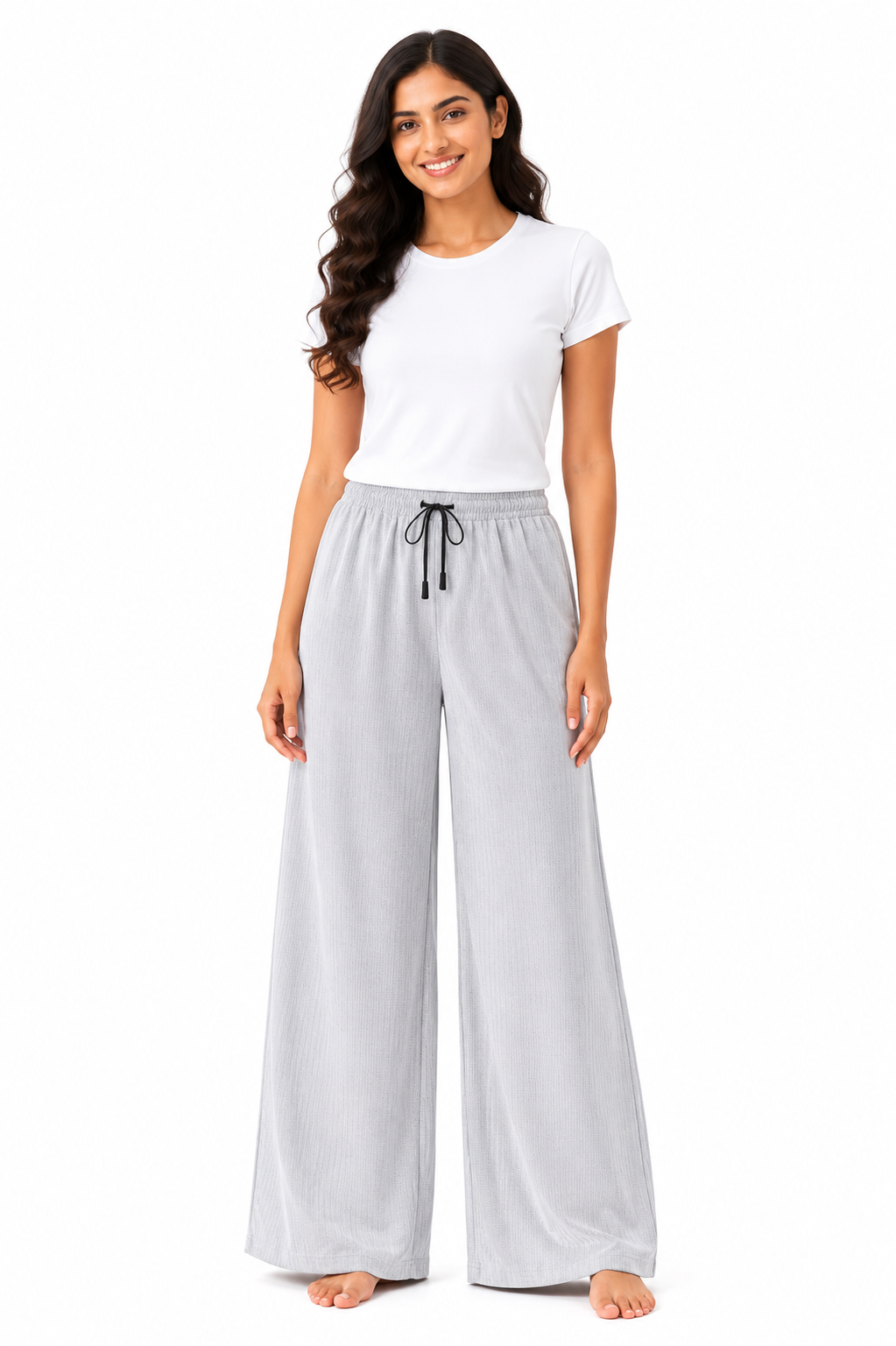 Women's Wide Leg Palazzo Pants, Elastic Waistband with Drawstring, Soft Lightweight Straight Fit, Free Size