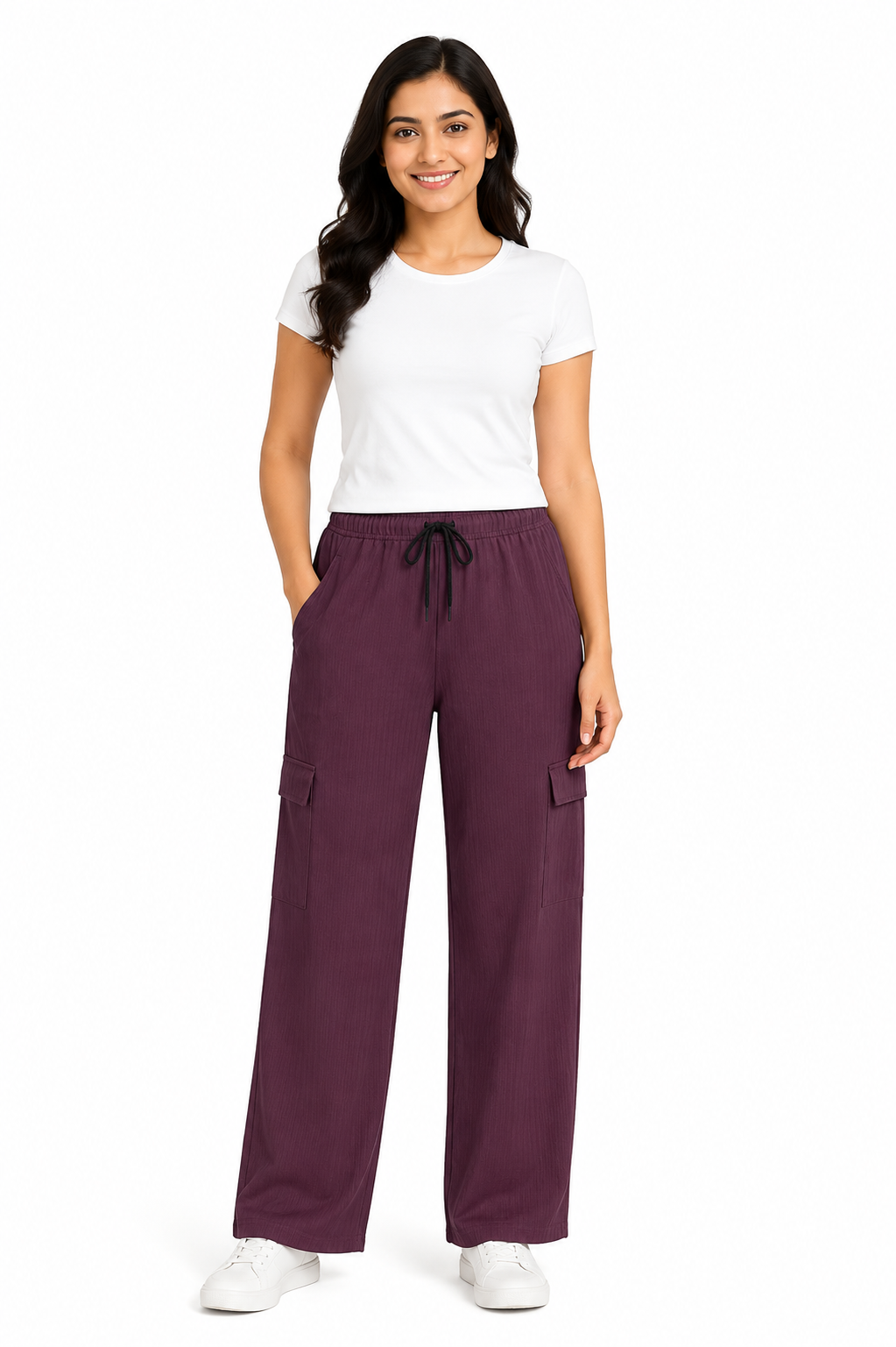 Women's Wide Leg Cargo Pants, Soft Lightweight Fabric, Elastic Waistband, Drawstring, Side Pockets, Casual Free Size
