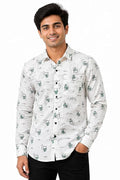 Men’s White Printed Cotton Shirt | Casual Full Sleeve Shirt for Men | Green Motif Design | Regular Fit | Sizes M, L, XL