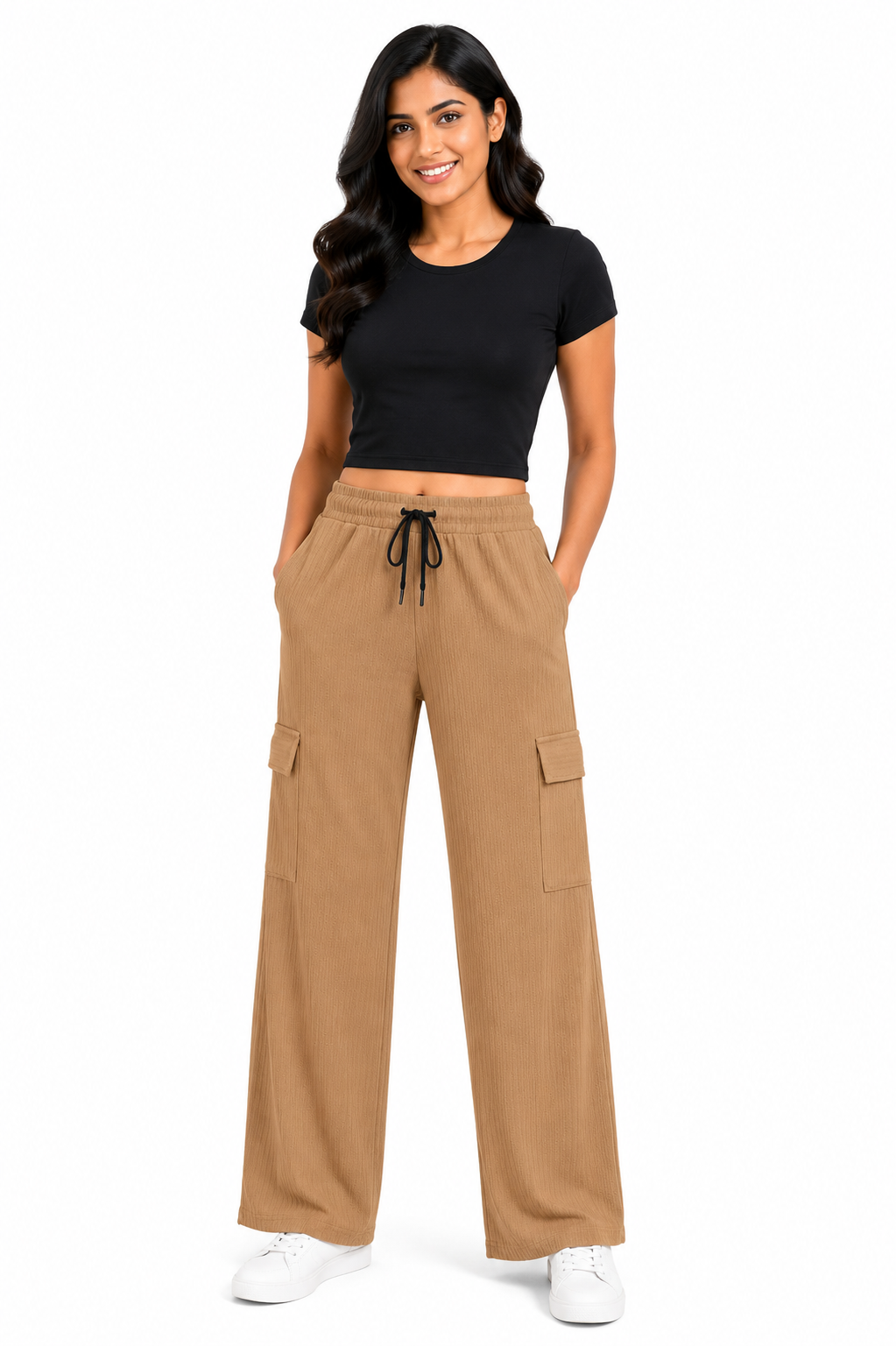Women's Wide Leg Cargo Pants, Soft Lightweight Fabric, Elastic Waistband, Drawstring, Side Pockets, Casual Free Size
