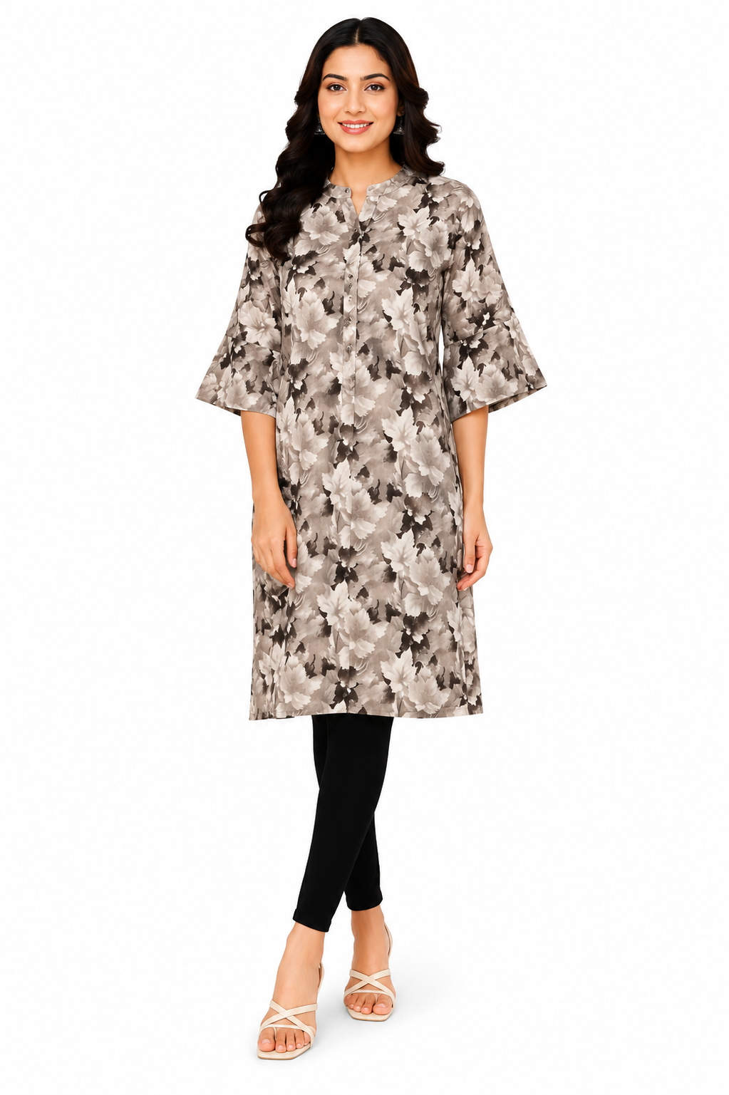 Women’s Floral Printed Straight Kurti |  Mandarin Collar Kurti with Flared Sleeves Ethnic Kurti | Size L