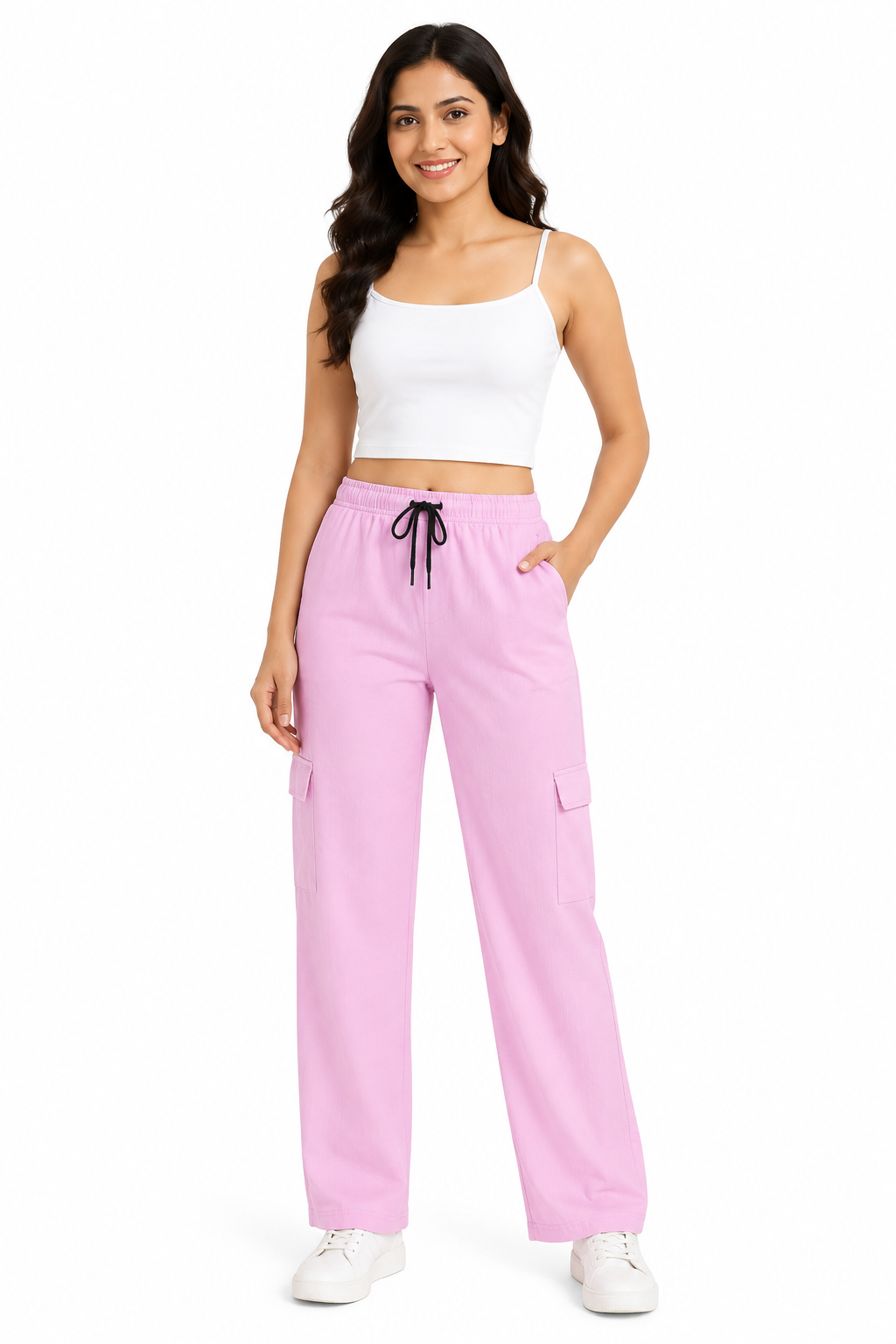 Women's Wide Leg Cargo Pants, Soft Lightweight Fabric, Elastic Waistband, Drawstring, Side Pockets, Casual Free Size