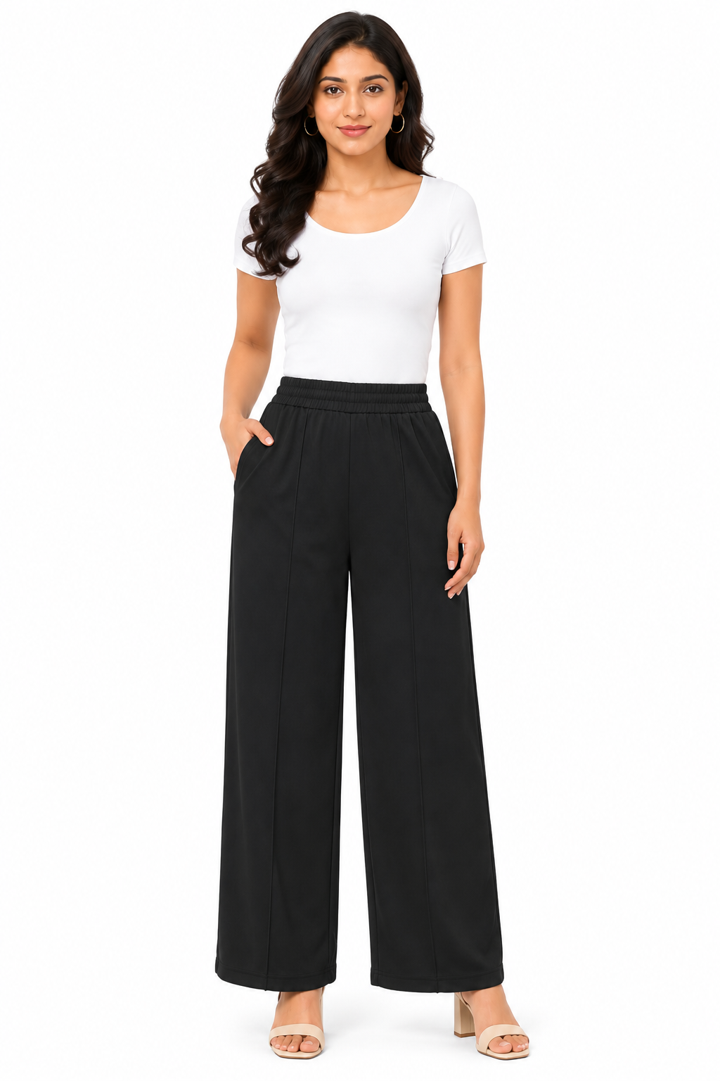 Women's Wide Leg Korean Pants, High Waist Elastic Waistband, Soft Fabric with Pockets, Casual Wear | Free Size