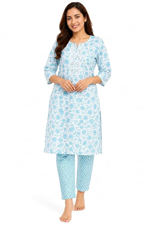 Women’s Cotton Floral Printed Kurti Pant Set | 3/4 Sleeve | Embroidered Neck | Sky Blue Kurti Pant Set for Women | Casual & Office Wear | Kurta Set