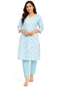 Women’s Cotton Floral Printed Kurti Pant Set | 3/4 Sleeve | Embroidered Neck | Sky Blue Kurti Pant Set for Women | Casual & Office Wear | Kurta Set
