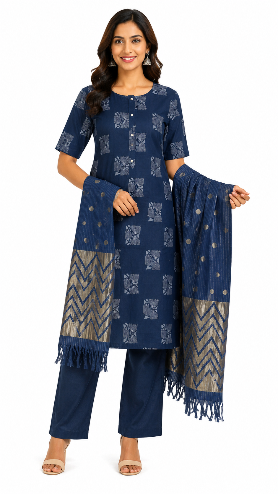 Women's Cotton Kurta Pant Dupatta Set, Straight Kurti with Jacquard Dupatta, Casual Ethnic Wear
