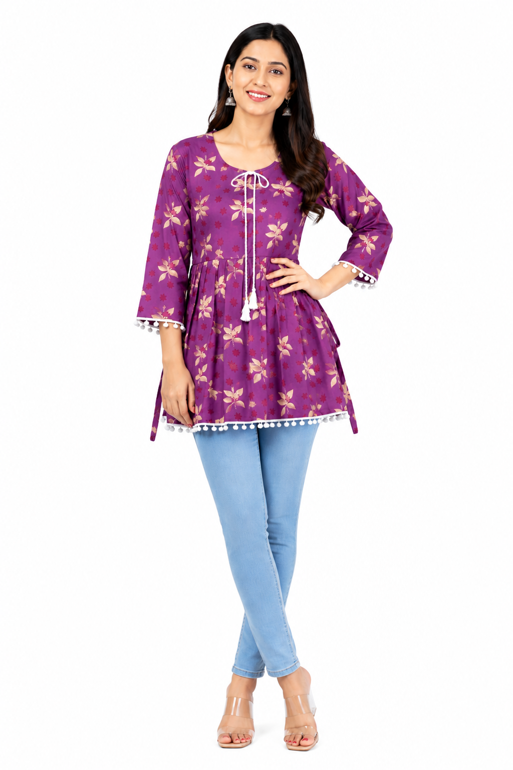 Women's Floral Printed Short Kurti, Rayon, 3/4 Sleeve, Tassel Tie-Up, Regular Fit, Casual Western Top |  L Size