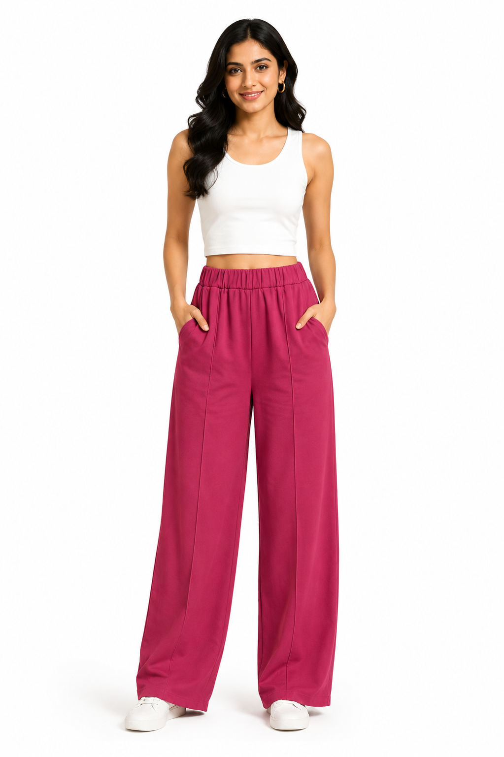 Women's Wide Leg Korean Pants, High Waist Elastic Waistband, Soft Fabric with Pockets, Casual Wear | Free Size