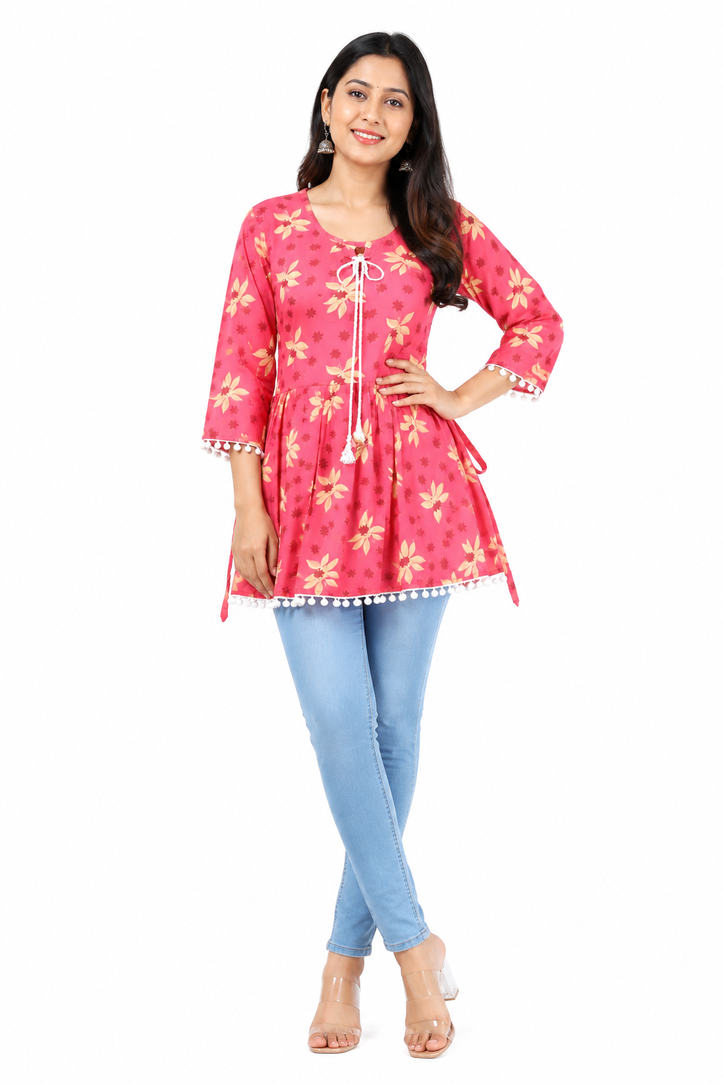 Women's Floral Printed Short Kurti, Rayon, 3/4 Sleeve, Tassel Tie-Up, Regular Fit, Casual Western Top |  L Size