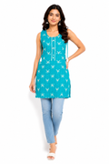 Women's Sleeveless Kurti, Parrot Green Printed Rayon Tunic, Regular Fit with Tassel Tie-Up & Button Detail, Aqua Blue.