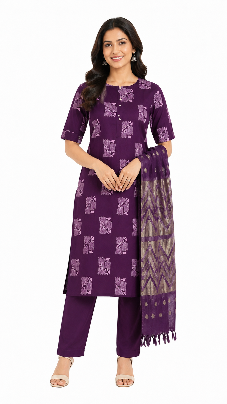 Women's Cotton Kurta Pant Dupatta Set, Straight Kurti with Jacquard Dupatta, Casual Ethnic Wear