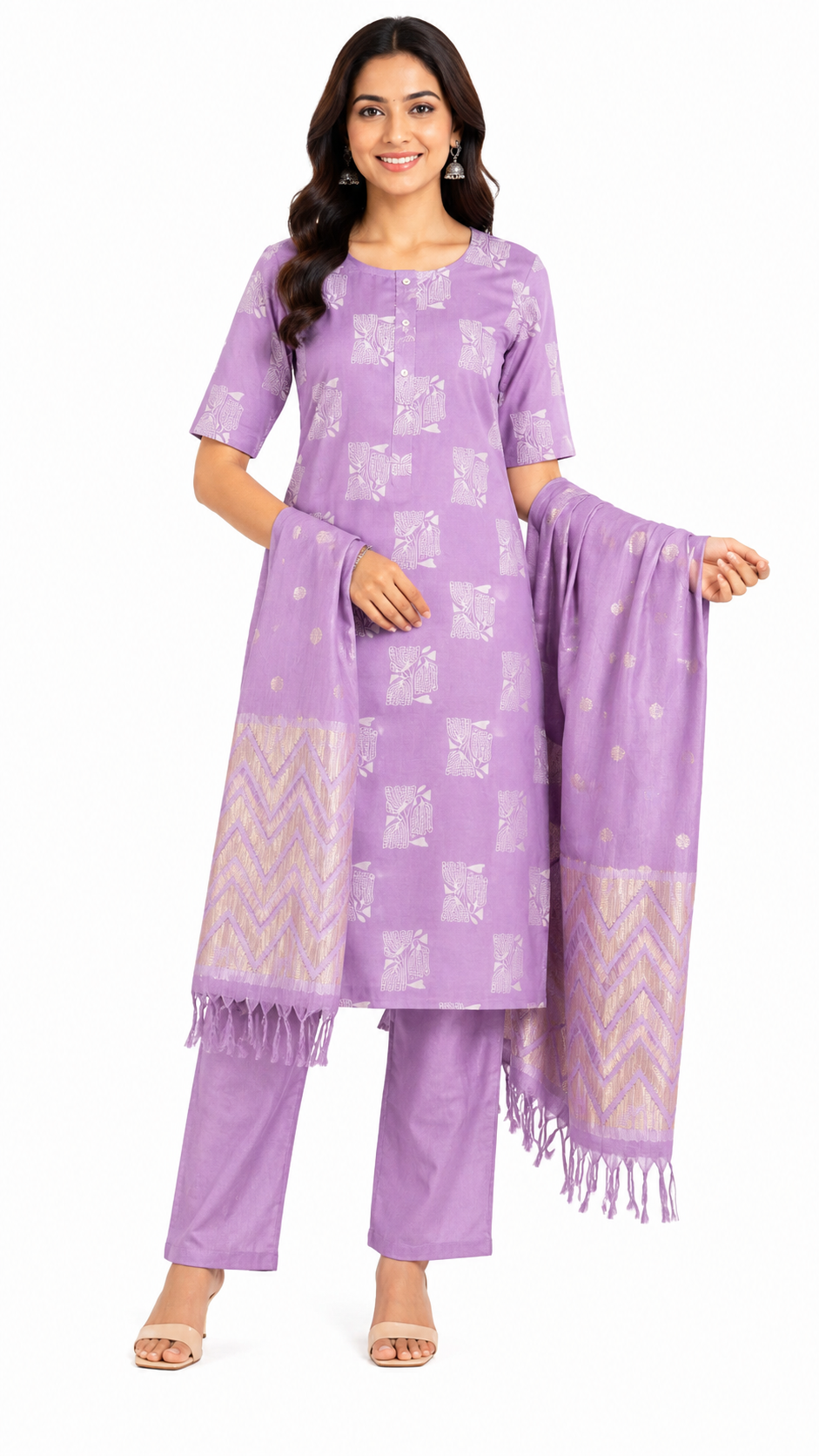 Women's Cotton Kurta Pant Dupatta Set, Straight Kurti with Jacquard Dupatta, Casual Ethnic Wear