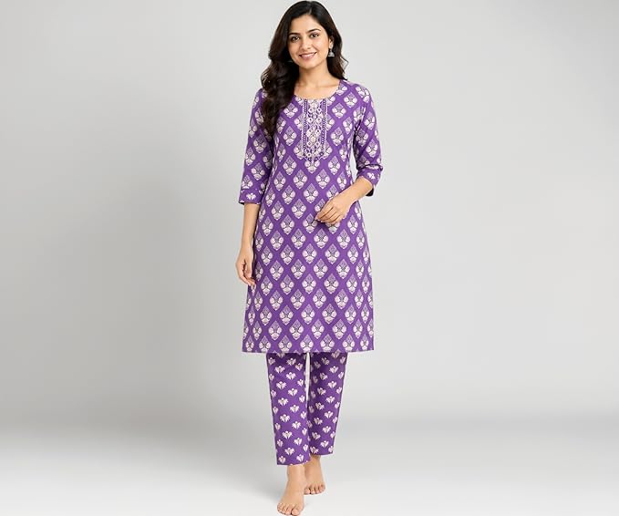Women’s Cotton Kurti Pant Set | Floral Printed Kurta Set for Women | 3/4 Sleeve Straight Kurti with Pants | Daily Wear & Office Wear