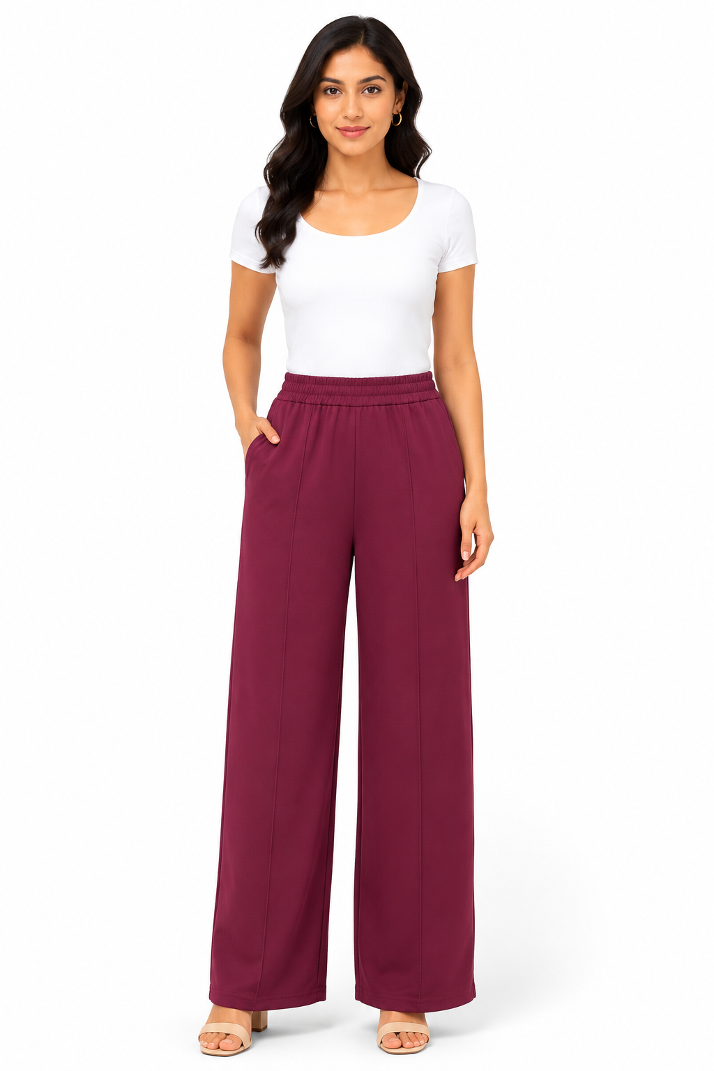 Women's Wide Leg Korean Pants, High Waist Elastic Waistband, Soft Fabric with Pockets, Casual Wear | Free Size