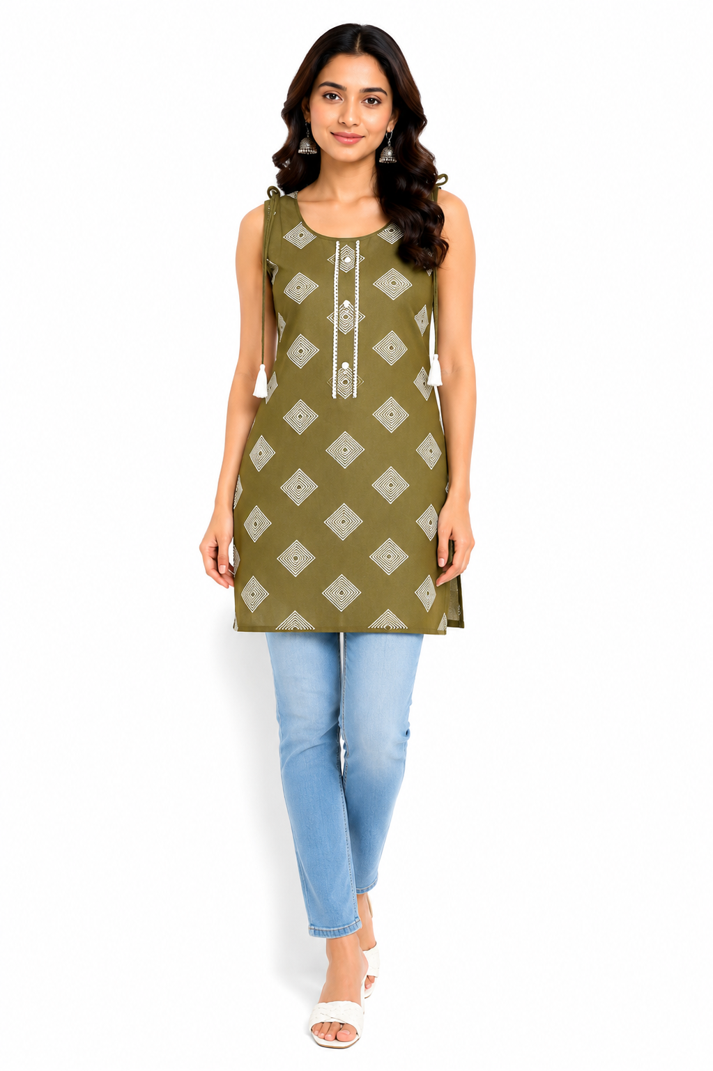Women's Sleeveless Kurti, Olive Green, Rayon, Geometric Print with Tassel Tie-Up & Button Detail, Casual Ethnic Tunic