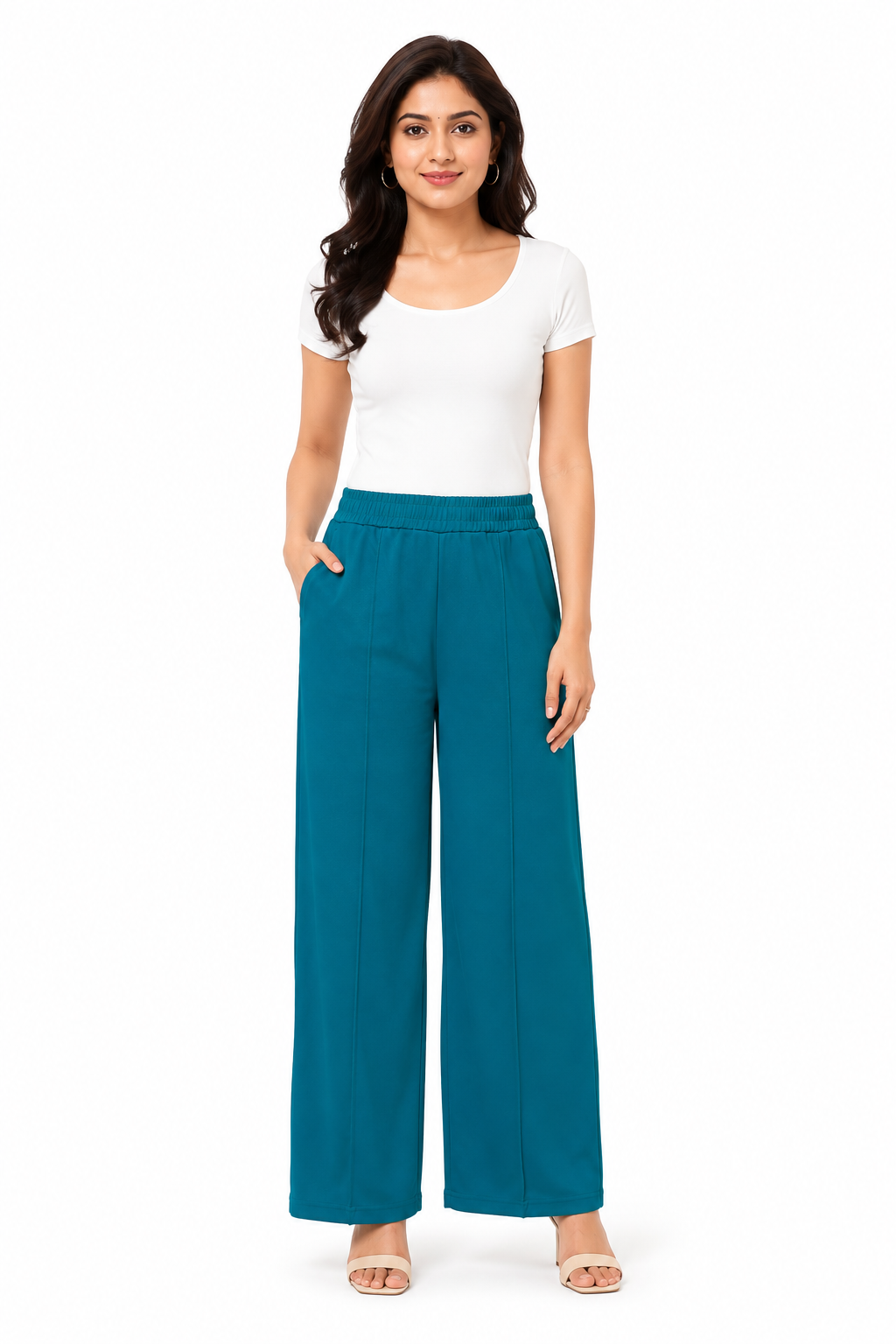 Women's Wide Leg Korean Pants, High Waist Elastic Waistband, Soft Fabric with Pockets, Casual Wear | Free Size