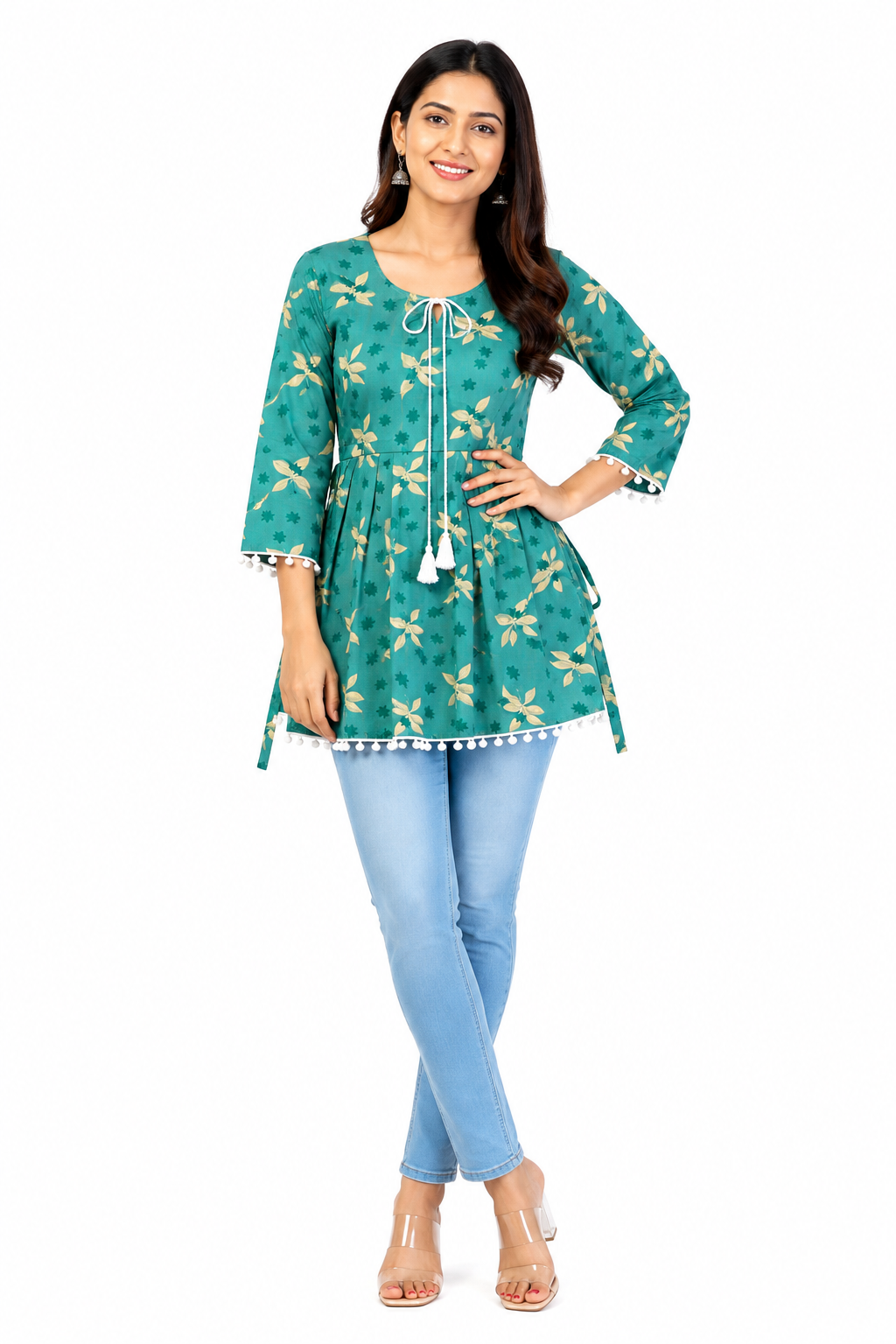 Women's Floral Printed Short Kurti, Rayon, 3/4 Sleeve, Tassel Tie-Up, Regular Fit, Casual Western Top |  L Size