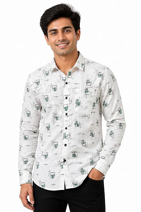 Men’s White Printed Cotton Shirt | Casual Full Sleeve Shirt for Men | Green Motif Design | Regular Fit | Sizes M, L, XL