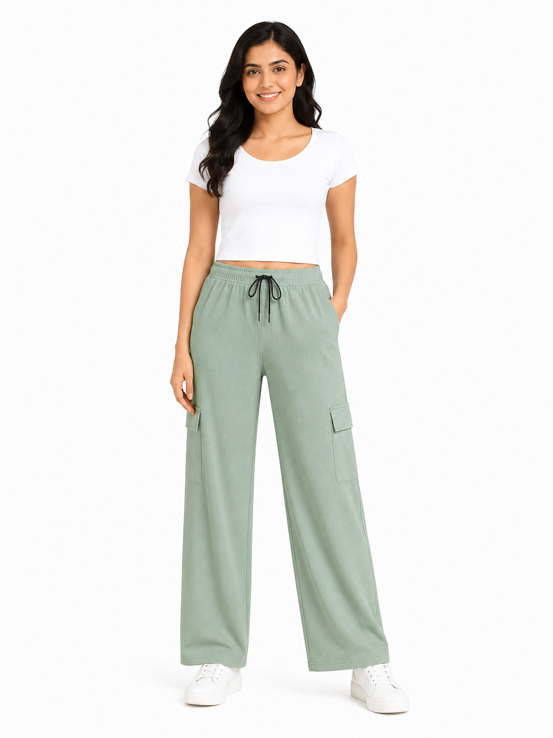 Women's Wide Leg Cargo Pants, Soft Lightweight Fabric, Elastic Waistband, Drawstring, Side Pockets, Casual Free Size