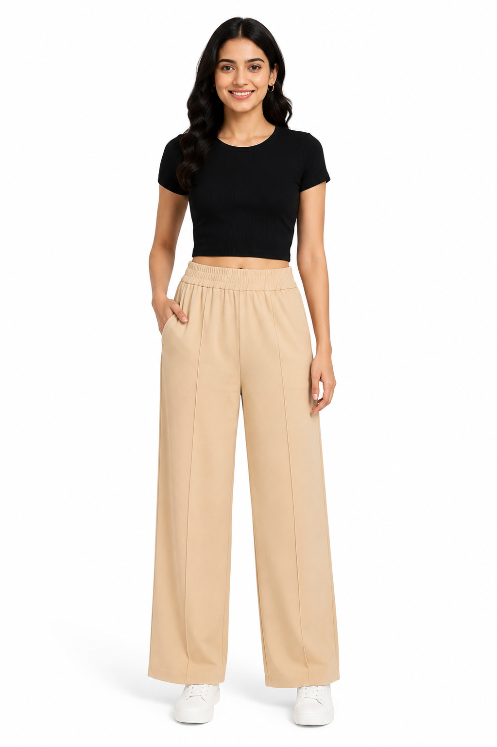 Women's Wide Leg Korean Pants, High Waist Elastic Waistband, Soft Fabric with Pockets, Casual Wear | Free Size