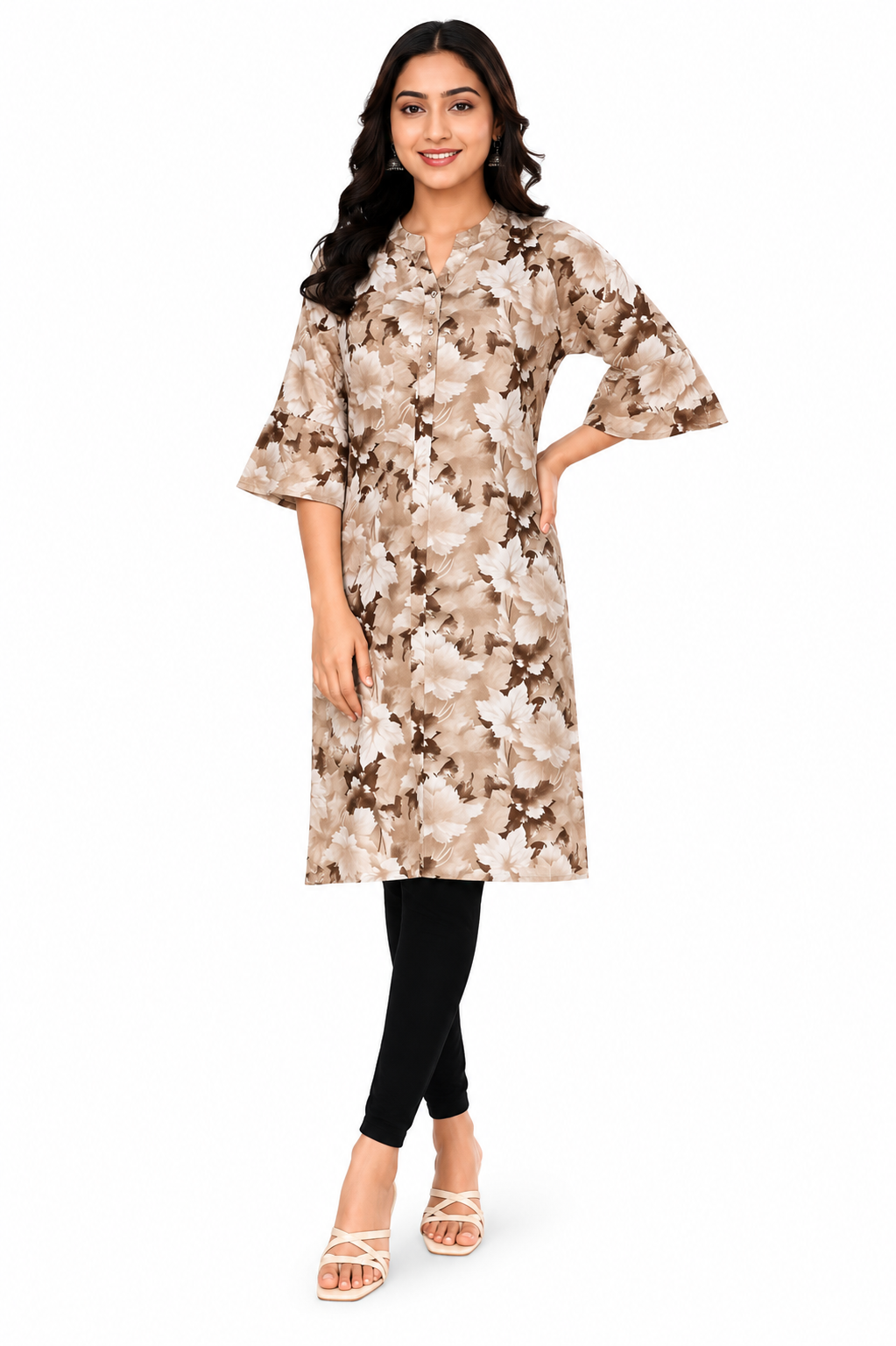 Women’s Floral Printed Straight Kurti |  Mandarin Collar Kurti with Flared Sleeves Ethnic Kurti | Size L