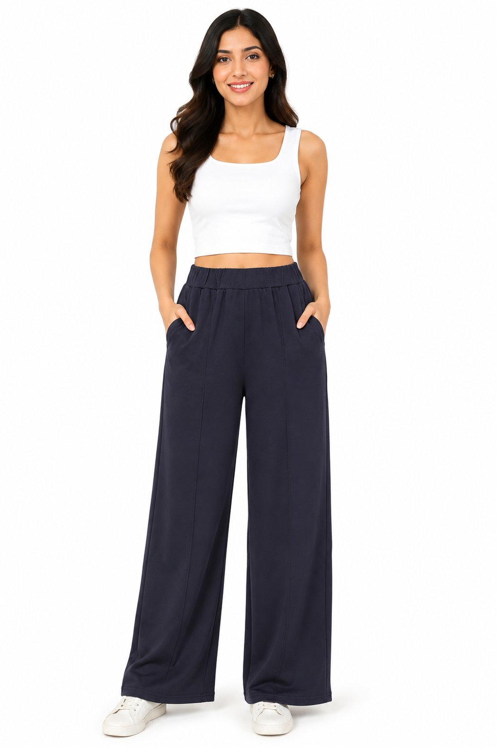 Women's Wide Leg Korean Pants, High Waist Elastic Waistband, Soft Fabric with Pockets, Casual Wear | Free Size