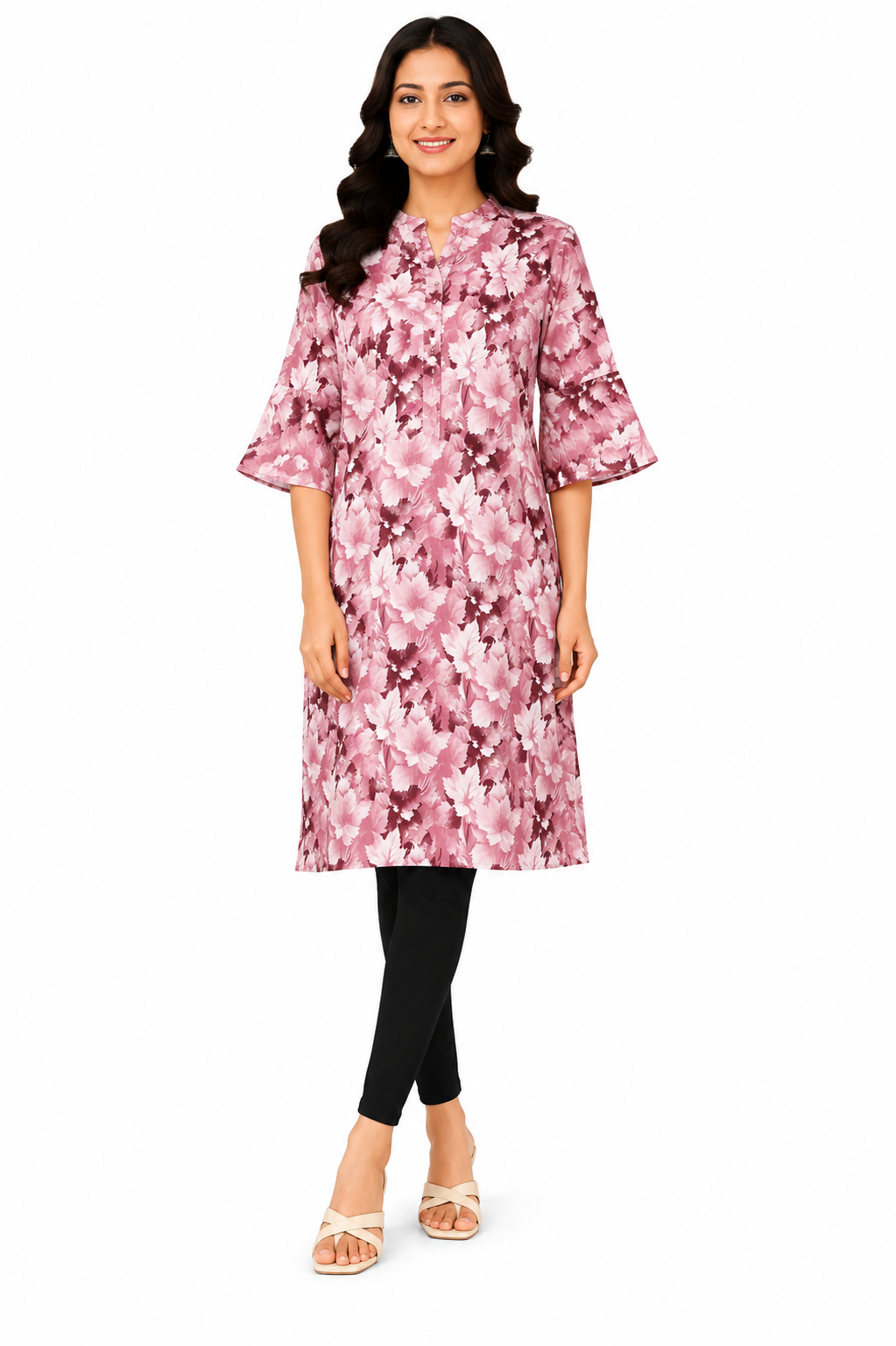 Women’s Floral Printed Straight Kurti |  Mandarin Collar Kurti with Flared Sleeves Ethnic Kurti | Size L
