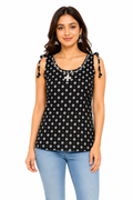 Women's Sleeveless Printed Top, Black, Cotton, Casual Ethnic Western Tunic with Shoulder Tie-Up