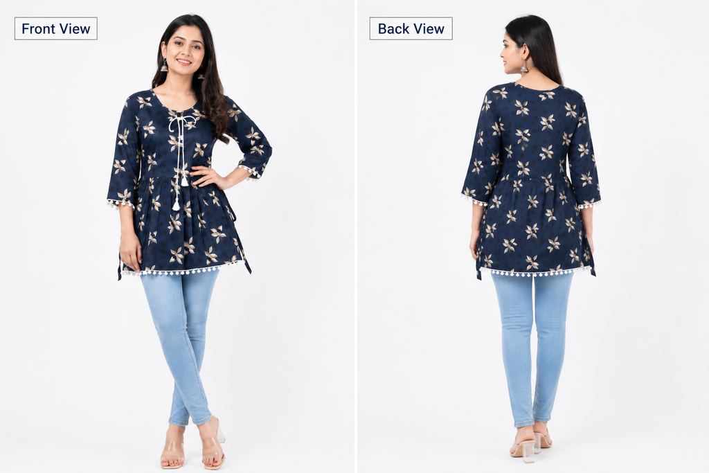 Women's Floral Printed Short Kurti, Rayon, 3/4 Sleeve, Tassel Tie-Up, Regular Fit, Casual Western Top |  L Size