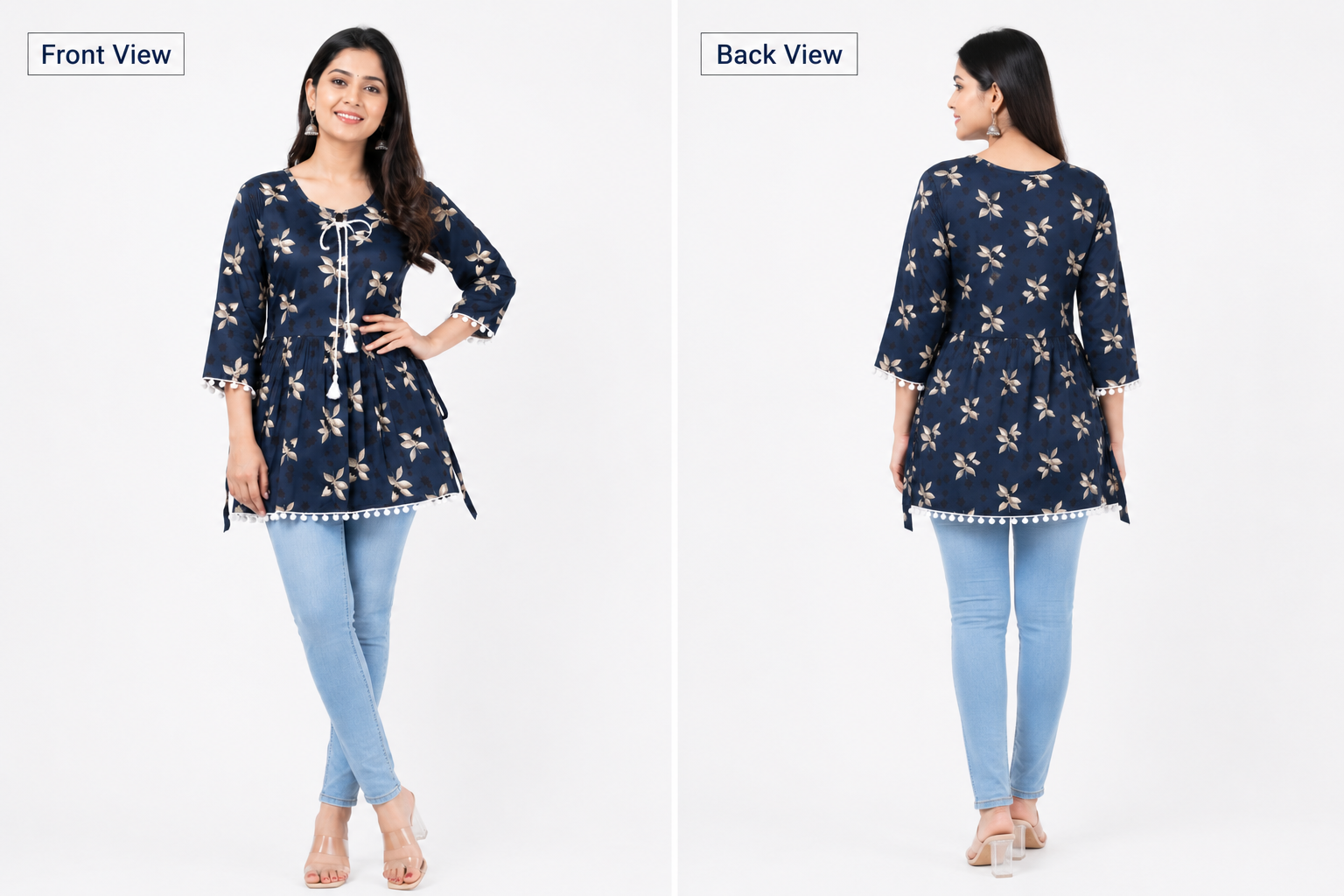 Women's Floral Printed Short Kurti, Rayon, 3/4 Sleeve, Tassel Tie-Up, Regular Fit, Casual Western Top |  L Size
