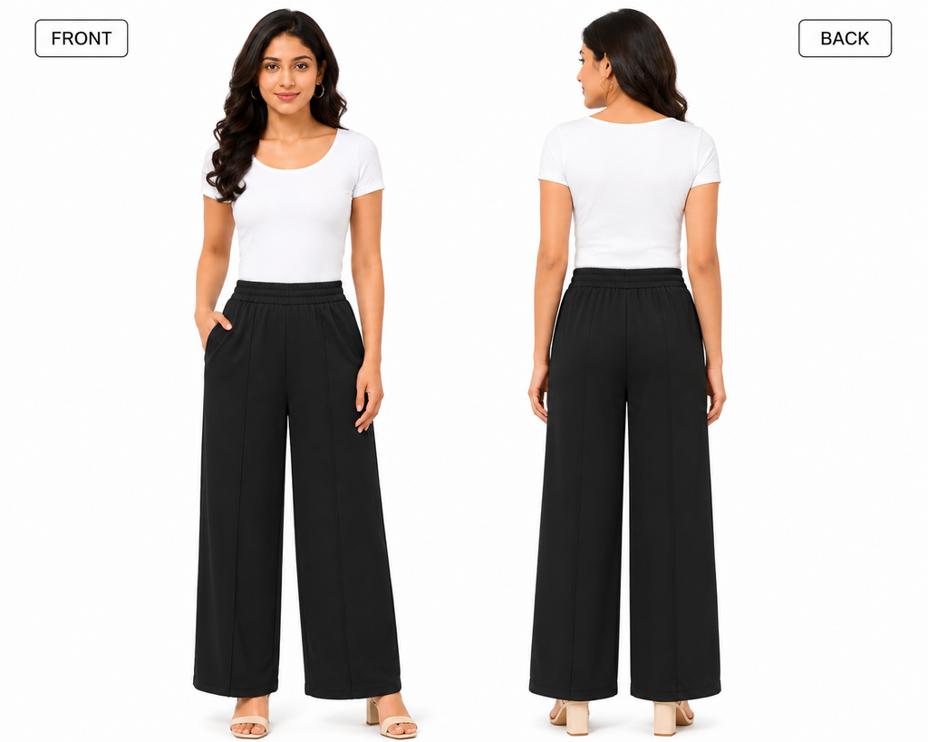 Women's Wide Leg Korean Pants, High Waist Elastic Waistband, Soft Fabric with Pockets, Casual Wear | Free Size