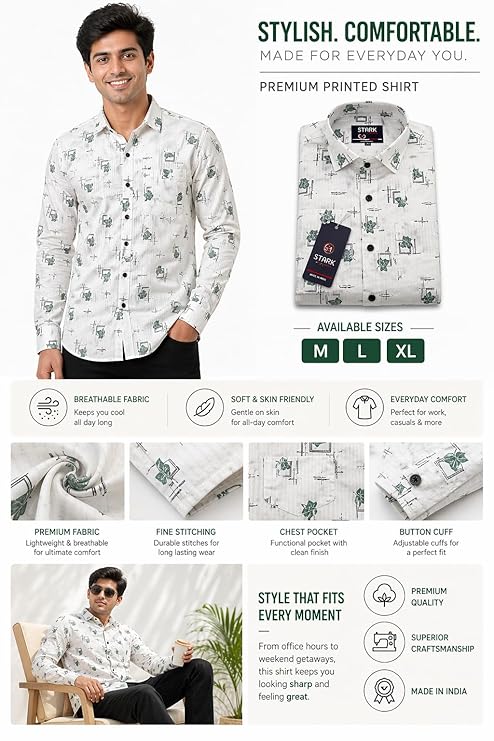 Men’s White Printed Cotton Shirt | Casual Full Sleeve Shirt for Men | Green Motif Design | Regular Fit | Sizes M, L, XL