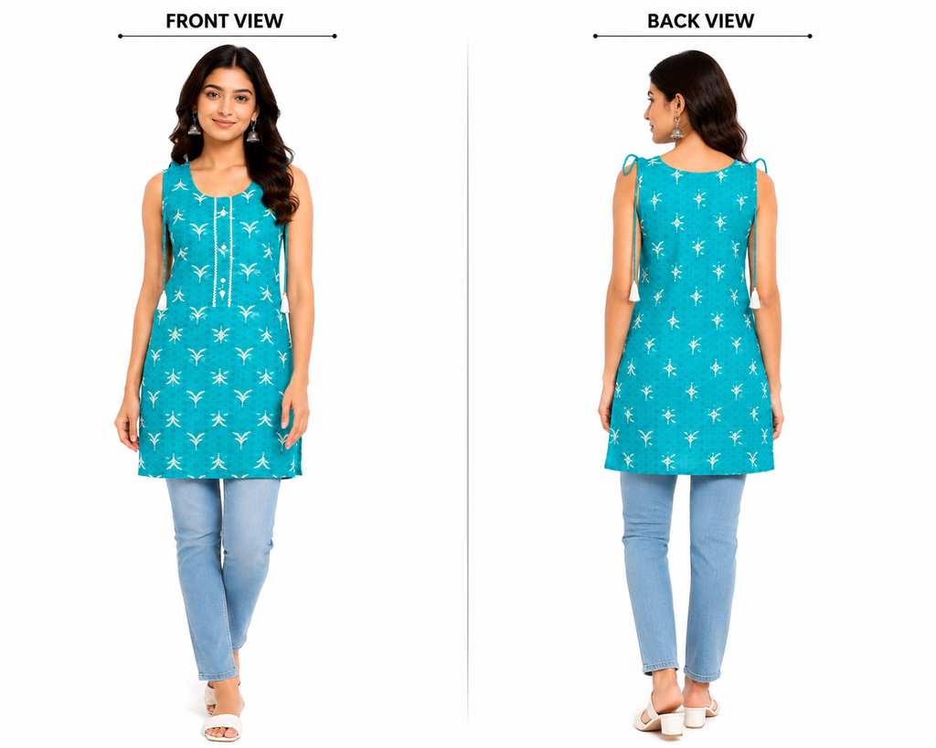 Women's Sleeveless Kurti, Parrot Green Printed Rayon Tunic, Regular Fit with Tassel Tie-Up & Button Detail, Aqua Blue.