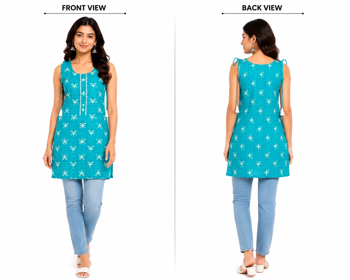 Women's Sleeveless Kurti, Parrot Green Printed Rayon Tunic, Regular Fit with Tassel Tie-Up & Button Detail, Aqua Blue.
