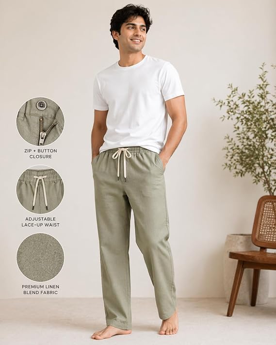 Men’s Relaxed Fit Linen Blend Olive Pyjama Pants | Drawstring Waist Lounge Wear | Comfortable Casual Bottom Wear