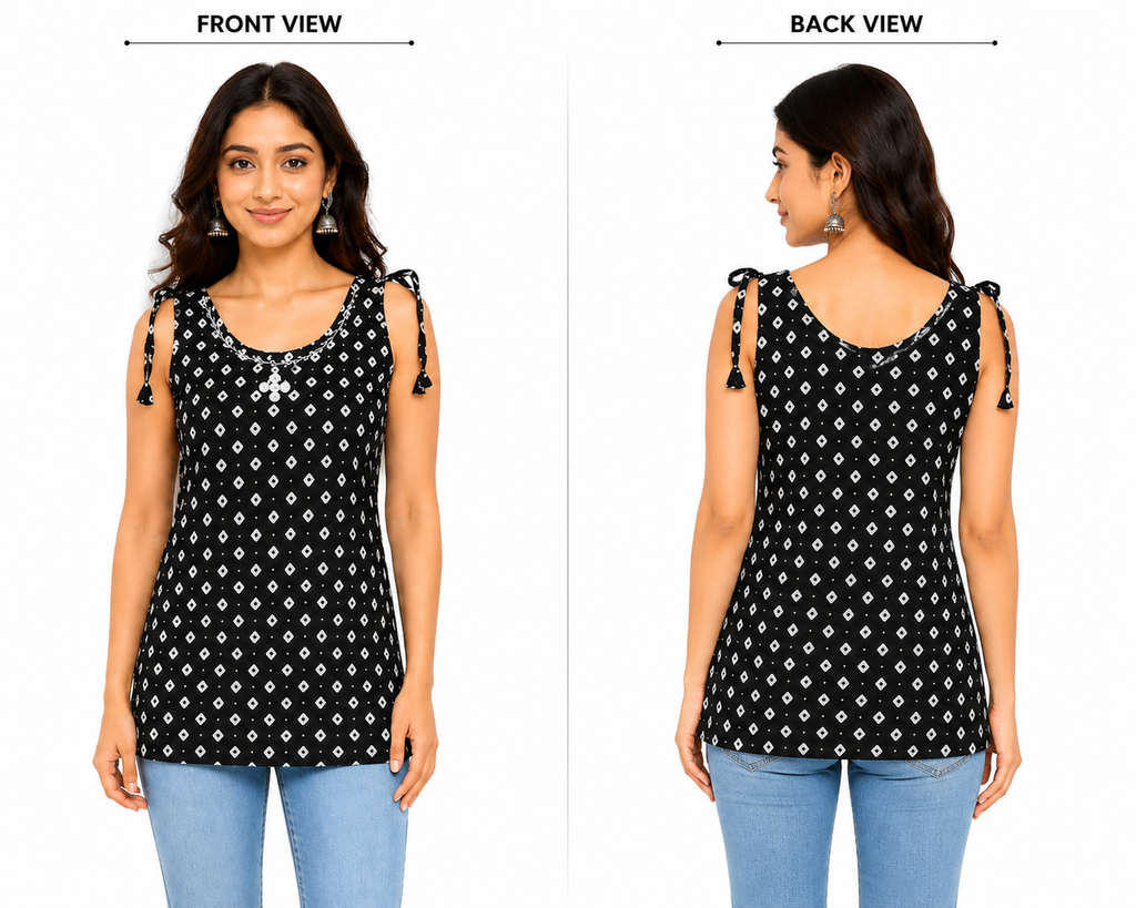 Women's Sleeveless Printed Top, Black, Cotton, Casual Ethnic Western Tunic with Shoulder Tie-Up