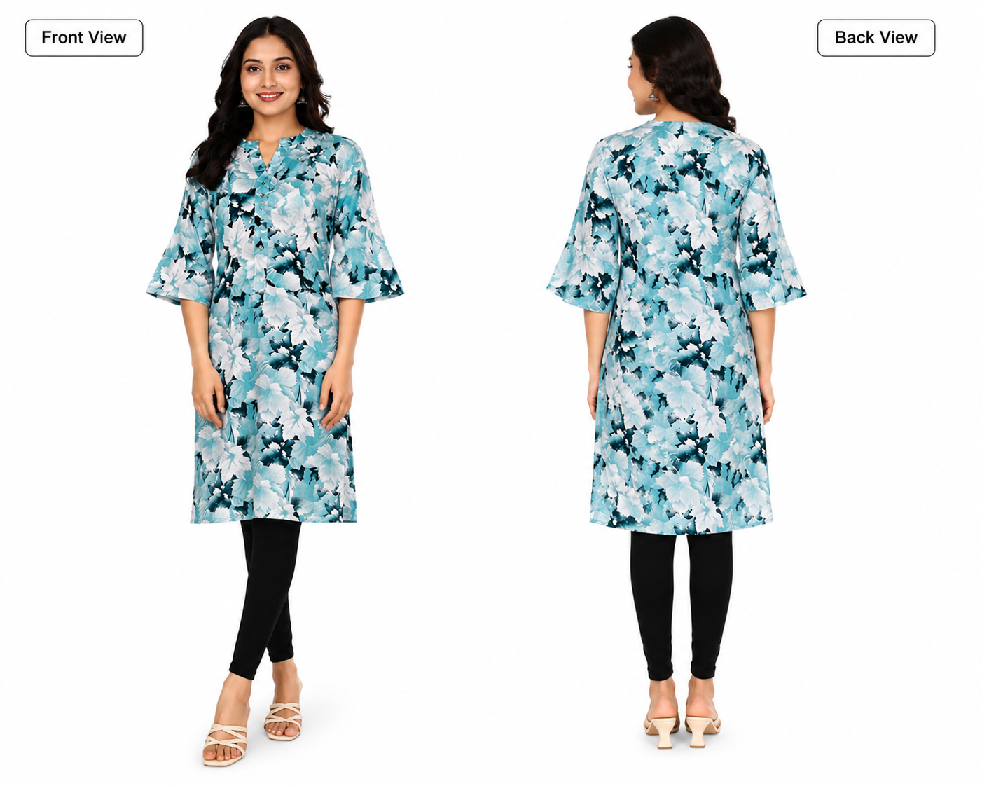 Women’s Floral Printed Straight Kurti |  Mandarin Collar Kurti with Flared Sleeves Ethnic Kurti | Size L