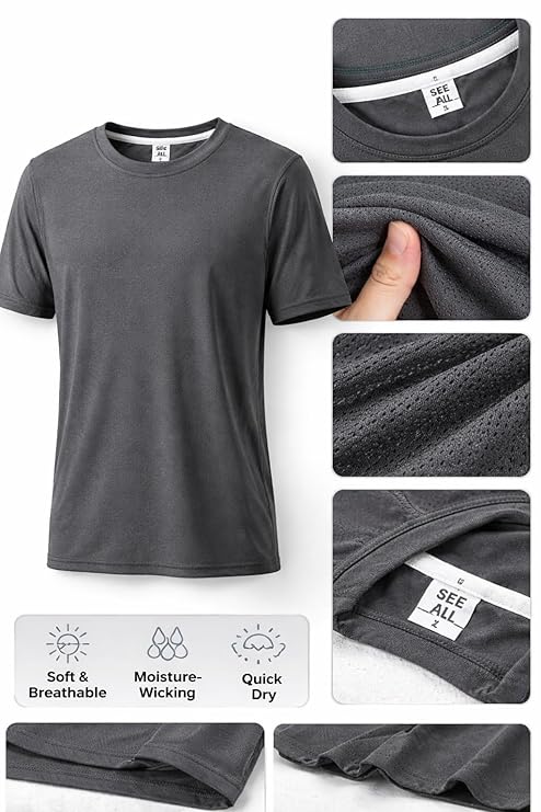 Men’s Sports T-Shirt | Quick Dry, Moisture Wicking Activewear | Dark Grey, Regular Fit (M–XL) | Breathable Workout & Running Comfort