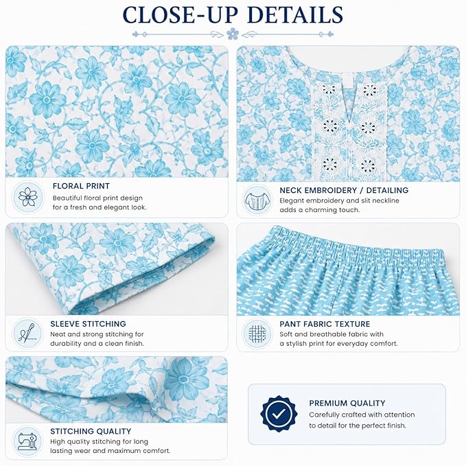 Women’s Cotton Floral Printed Kurti Pant Set | 3/4 Sleeve | Embroidered Neck | Sky Blue Kurti Pant Set for Women | Casual & Office Wear | Kurta Set