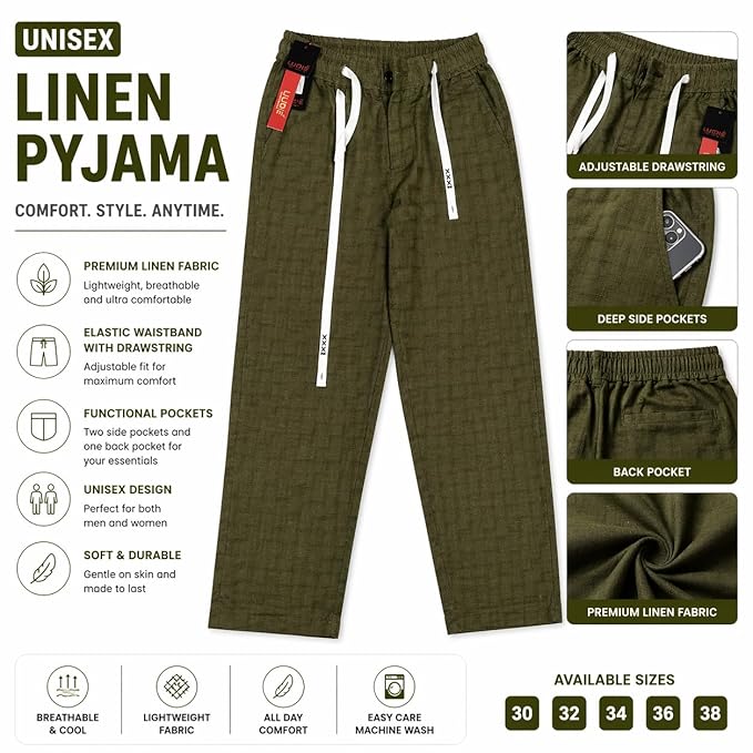 Unisex Linen Pyjama Pants | Cotton Linen Blend Lounge Pants with Elastic Waist & Drawstring | Breathable Casual Summer Wear for Men & Women