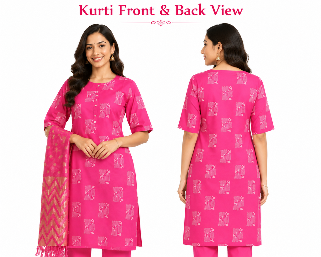 Women's Cotton Kurta Pant Dupatta Set, Straight Kurti with Jacquard Dupatta, Casual Ethnic Wear