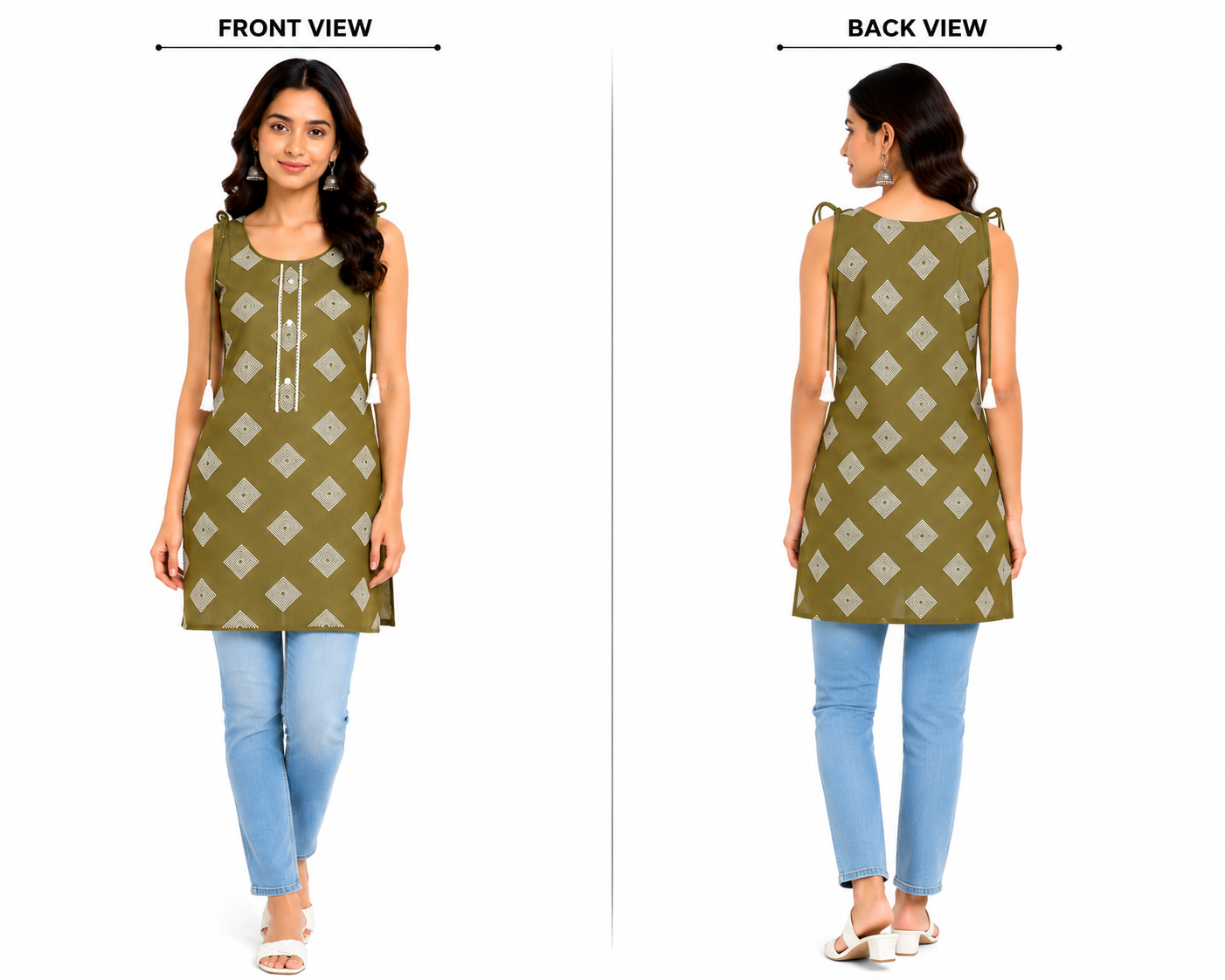 Women's Sleeveless Kurti, Olive Green, Rayon, Geometric Print with Tassel Tie-Up & Button Detail, Casual Ethnic Tunic